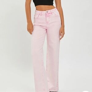 Risen Light Pink High-Waisted Jeans with distressed hem in size 3/26